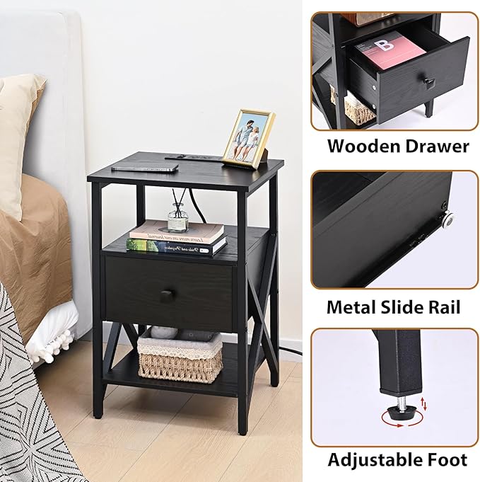 Side Tables with Charging Station, Black Charging End Table Bedside Table with Outlets, Nightstands with Wood Drawer, Night Stand with Storage for Bedroom, Living Room