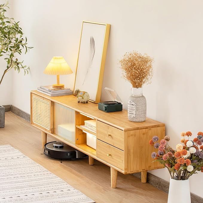 Tiita Rattan TV Stand for 55 65 Inch TV, Bamboo TV Cabinet with 2 Drawers, Boho Entertainment Center with Adjustable Shelf, Mid Century Modern Media Console for Bedroom, Living Room, Wood
