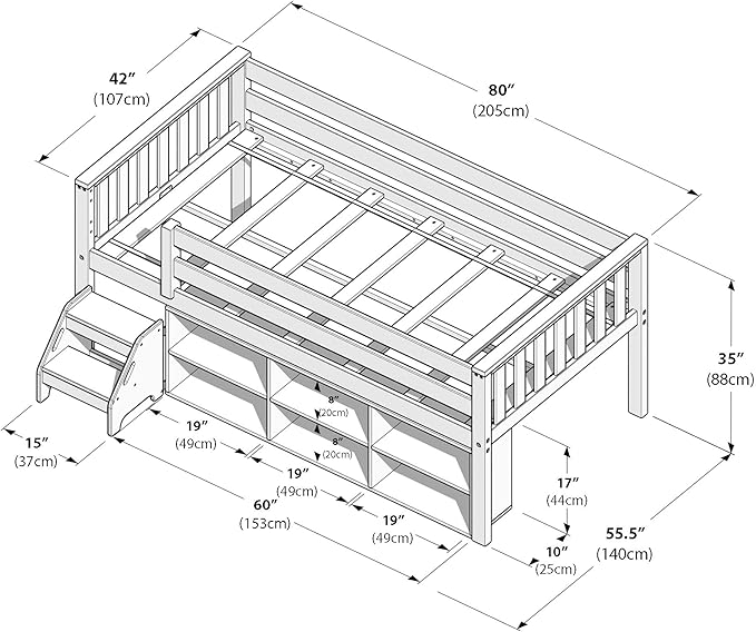 Max & Lily Soren Ultra Low Loft Bed, Twin Bed Frame for Kids with Bookcase, Blonde