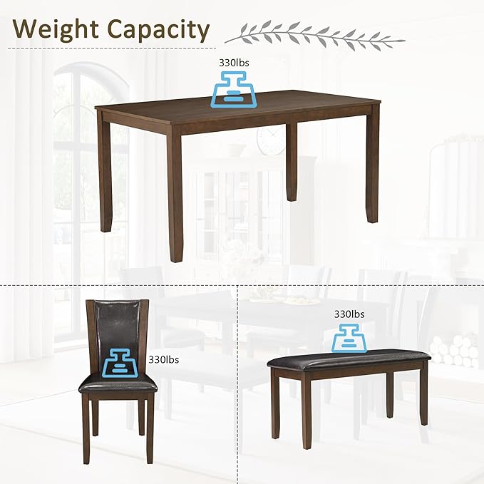 soges 6-Piece Large Dining Table Set with Leather Bench and Chairs, Wooden Dining Table Chairs Set for 6, Modern 6 Person Dining Room Set, Dark Walnut