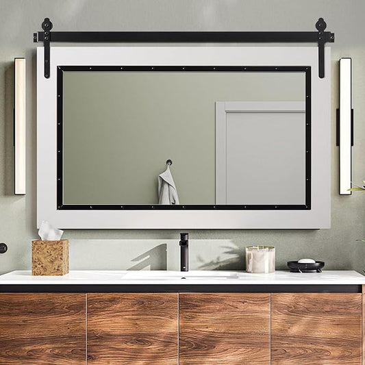 YOSHOOT Farmhouse Barn Door Mirror, 40"x26" Rustic Bathroom Mirror, Wood Frame Wall Mirror, Wooden Mirror for Living Room Bedroom Entryway Wall Décor, Horizontal Hanging ONLY