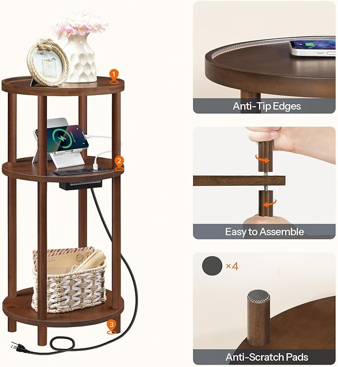 HOOBRO Small Round Side Table with Charging Station, 3-Tier Round Bamboo End Table, Compact Sofa Bedside Table for Small Space, Easy Assembly, for Living Room, Bedroom, Apartment, Mocha MA152UBZ01