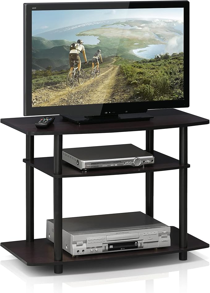 Furinno Turn-N-Tube No Tools 3-Tier Entertainment Center TV Stand for TV up to 32 Inch, Plastic Round Tubes, Dark Walnut