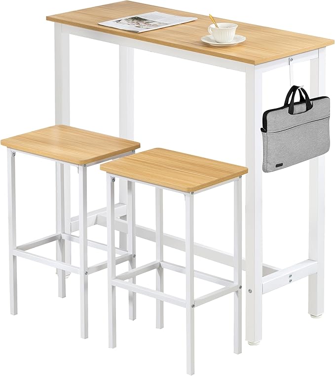 Finnhomy Bar Table Set, 39.3" Pub Table High Top Table, Rectangular Bar Height Table, Bar Table with Stools, Kitchen Table Set for 2, Breakfast for Kitchen, Living Room, Oak Beige and White