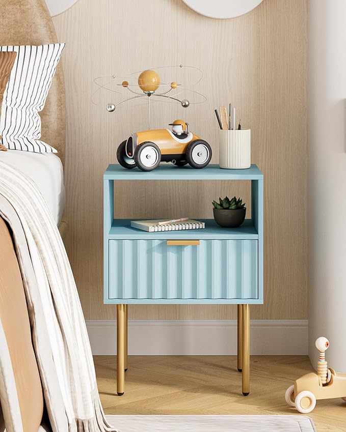 Nightstand,Modern Bedside Table with Gold Frame,Blue Night Stand,Bedside Furniture, Modern Side Table with Drawer and Shelf for Bedroom,Living Room (Blue)