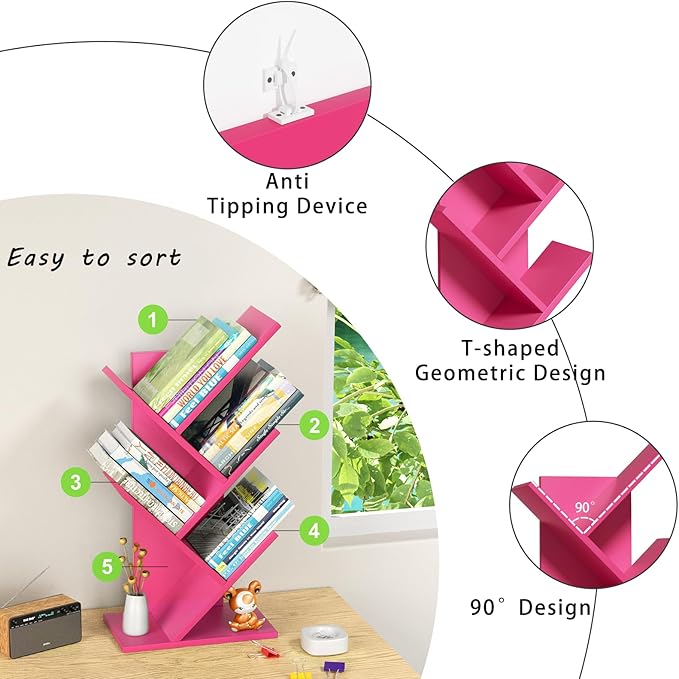 5 Tier Tree Book Shelf, Small Desktop Bookshelf with Storage Organizer, Wood Bookcase, Desk Display Bookshelves, Floor Standing Organizer Bookcases for Living Room,Bedroom,Office-Pink