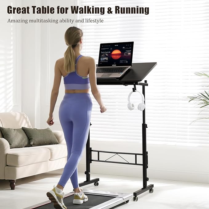 SIDUCAL Standing Desk Height Adjustable with Tiltable Tabletop, Rolling Laptop Desk with Charging Station, Sit Stand Portable Stand Up Desk with Wheels, Black