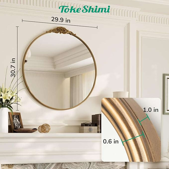 TokeShimi 30x30 Vintage Mirror with Metal Frame,Gold Antique Round Mirror for Wall,Fireplace,Living Room,Baroque Wall-Mounted French Cleat Mounting