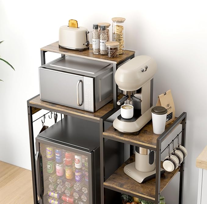 Mini Fridge Cabinet with Storage Shelves, Microwave Stand with Power Outlet, Coffee Bar Cabinet with Mini Fridge Space, Utility Storage Shelf for Home Kitchen Dorm Office