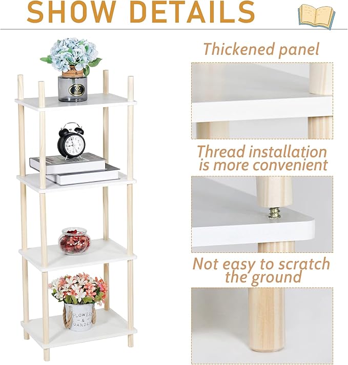 LITA Modern Wood Side Table, Accent End Table Plant Night Stand with Magazine Storage for Bedroom, Living Room, Bathroom, White, 4- Tier
