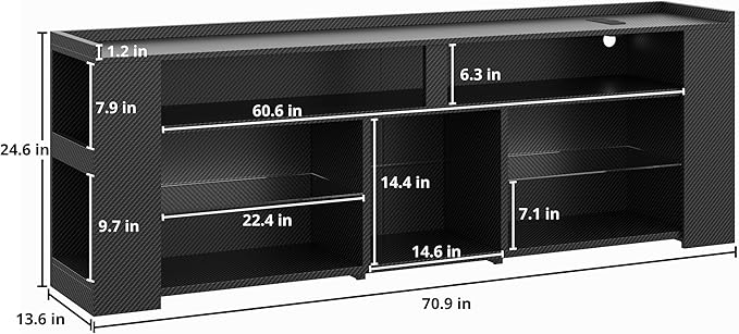 IRONCK Entertainment Center with Storage, 70.9 Inch Tall TV Stand W/Power Outlet, LED Gaming TV Cabinet for PS4, Black TV Stand with Carbon Fiber