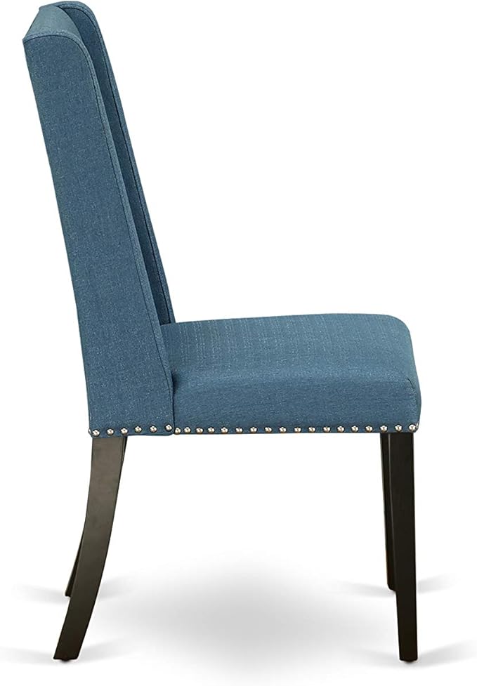 East West Furniture NOFL3-BLK-21 3 Piece Modern Dining Table Set Contains a Rectangle Wooden Table with Butterfly Leaf and 2 Blue Linen Fabric Upholstered Chairs, 32x54 Inch, Black