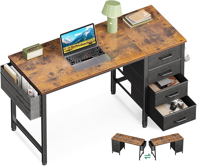 Casaottima 40-Inch Small Desk with 4 Fabric Drawers, Compact Study Desk for Students and Kids, Space-Saving Work Table for Bedroom or Small Spaces, Vintage