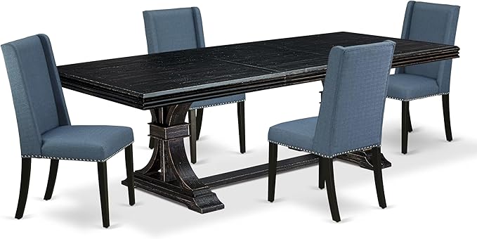 NEFL5-SBB-21-5-Piece Kitchen Dining Set Consists of a Dining Table and 4 Mineral Blue Linen Fabric Dining Chairs with Padded Chair Back - Sand Blasting Black Finish.