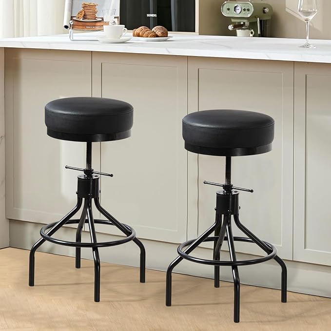 Adjustable Bar Stools Swivel Black Barstools Modern PU Leather 28inch Round Backless Counter Height Stool Metal Industrial Bar Chair for Kitchen Island (1, Black)