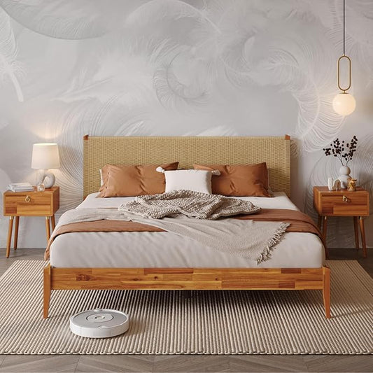 Bme Selina King Bed Frame and Headboard - Handcrafted Paper Cord Headboard, 12-Slat Support, No Box Spring Needed - Easy Assembly, Caramel
