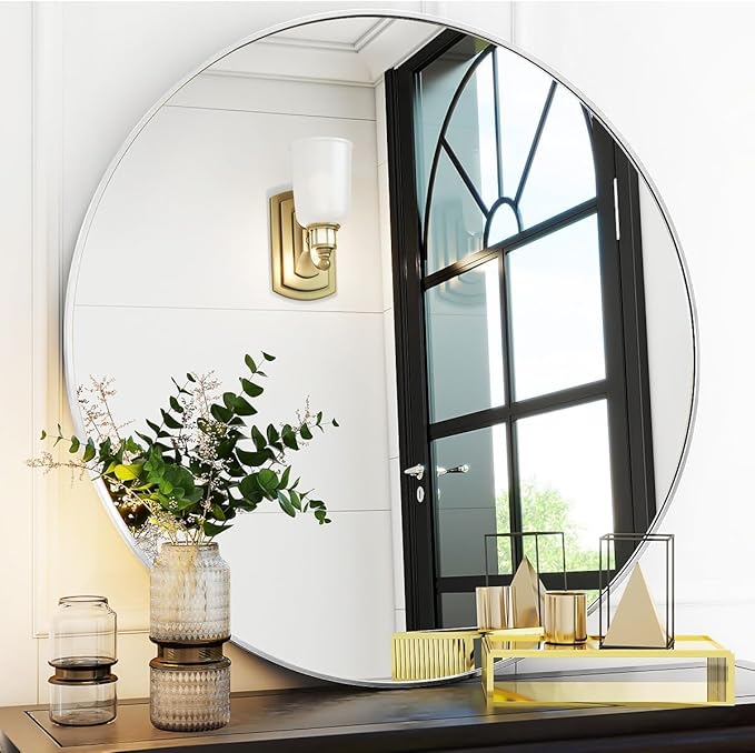 Silver Round Bathroom Mirror, 30 inch Circle Wall Mounted Hanging Mirror with Simple Modern Circular Metal Frame for Hallway, Entryway, Living Room, Silver Frame