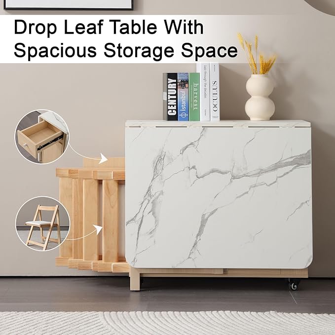Drop Leaf Table Extendable, Foldable Kitchen Table Space Saving, Folding Dining Table with 2 Drawers and 4 Wheels, Dining Table for Living Room, Farmhouse， RV(Marble Wood)