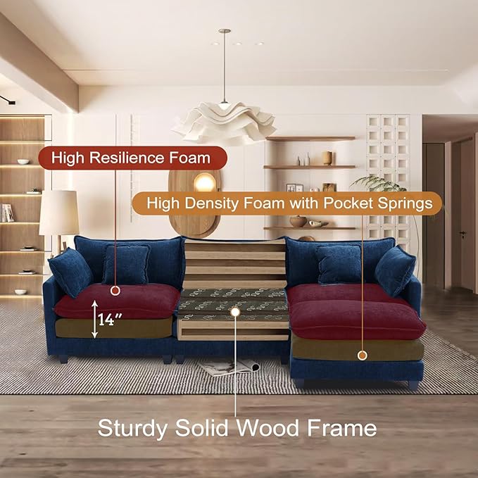 Furniliving 112‘’ L-Shaped Sofa, Luxury Chenille Modular Sectional Couches with Ottoman, Upholstered Deep Seat Sleeper Sofa with Memory Foam and Waist Pillows, Blue