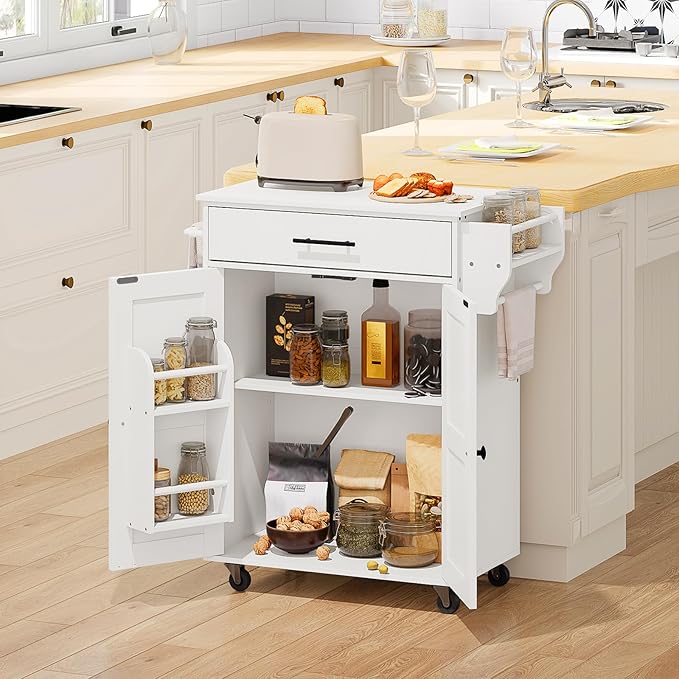 HOOBRO Kitchen Island with Power Outlet, Kitchen Storage Island with Large Worktop, Spice Rack and Drawer, Rolling Kitchen Island Cart on Wheels, for Kitchen and Dining Room, White WT88UZD01