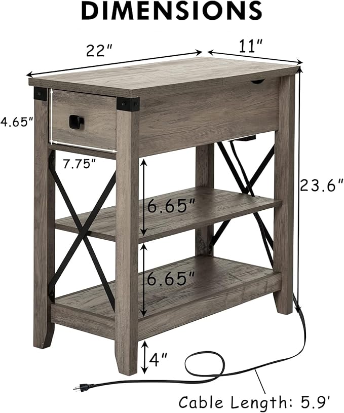 Narrow End Table with Charging Station Farmhouse Slim Side Table with USB Ports and Power Outlets, Nightstand with Flip Top and Storage Drawer, for Small Spaces Living Room Bedroom, Gray