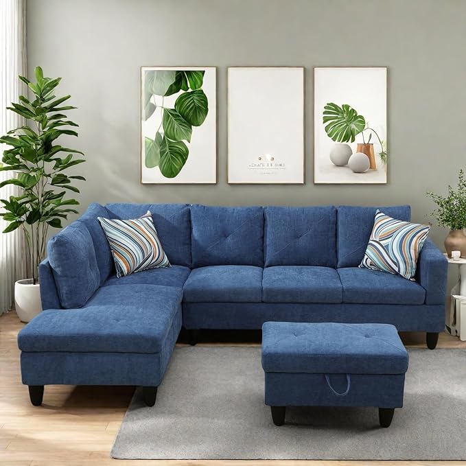 Modern Living Room Furniture Sets with Pillows, Modular Sectional Couches with Chaise Lounge, 4-Seaters L Shape Sofa with Storage Ottoman, for Living Room, Blue