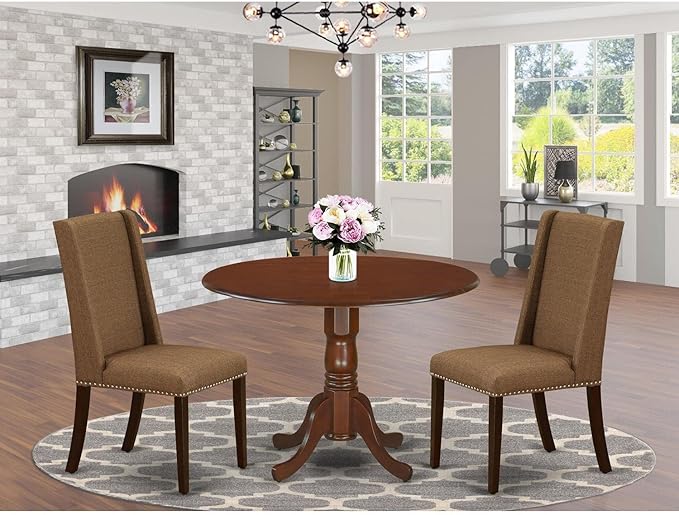 East West Furniture DLFL3-MAH-18 3 Piece Dining Set Contains a Round Dining Room Table with Dropleaf and 2 Brown Linen Linen Fabric Upholstered Parson Chairs, 42x42 Inch, Mahogany