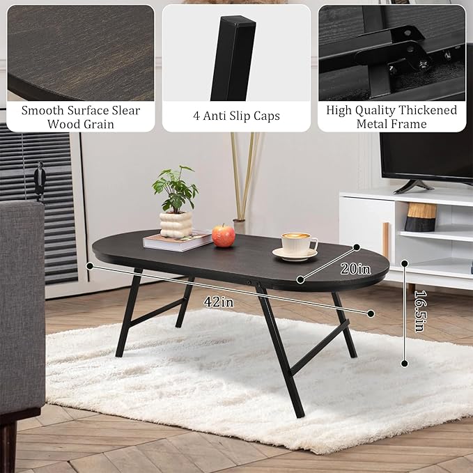 Small Oval Coffee Table Wood and Metal Folding Low Coffee Tables with Safety Lock Portable Outdoor Table Floor Center Table for Living Room Small Spaces, Black Gold