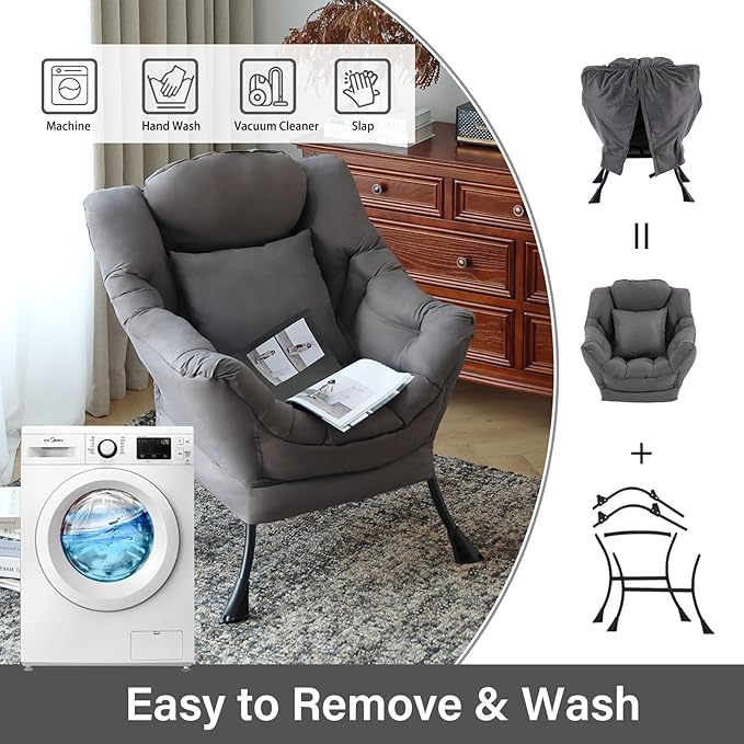 Lazy Chair with Pillow for Living Room, Modern Lounge Accent Chair with Armrests, Leisure Sofa Chair Set, Reading Chair for, Bedroom, Dorm Room, Office, Dark Grey