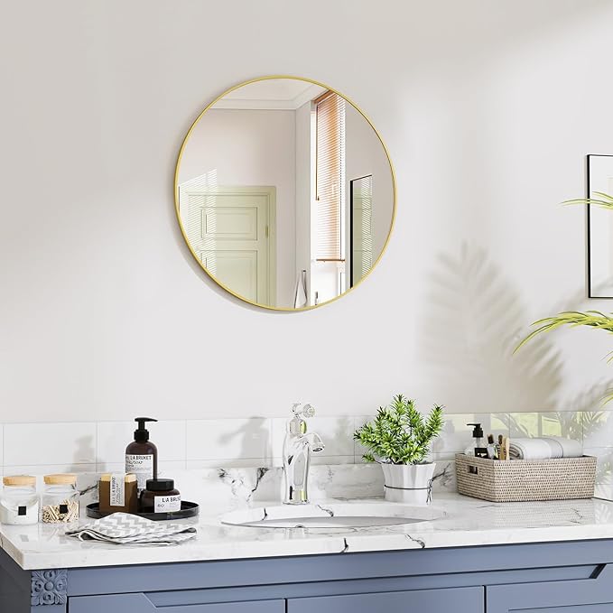 Gold Round Bathroom Mirror, 20 inch Circle Wall Mounted Hanging Mirror with Simple Modern Circular Metal Frame for Hallway, Entryway, Living Room, Gold Frame