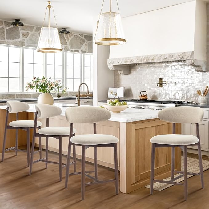 COLAMY Counter Height Bar Stools Set of 4, Kitchen Bar Stools with Back, Mid Century Modern Upholstered, with Wood Legs for Kitchen Island Dining Room, Beige