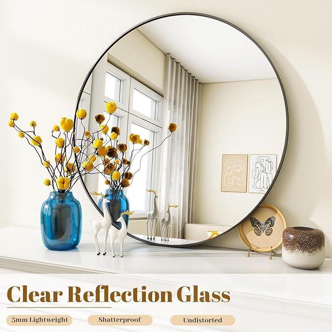 Black Round Bathroom Mirror, 48 inch Large Circle Wall Mounted Hanging Mirror with Simple Modern Circular Metal Frame for Hallway, Entryway, Living Room, Black Frame