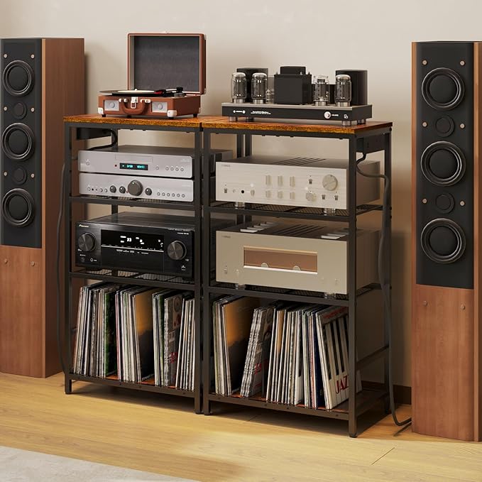 Record Player Stand with Storage, 4 Tier Turntable Stand with Vinyl Record Storage, Stereo Cabinet with Record Holder, Media Stand with Outlets for Entertainment Center
