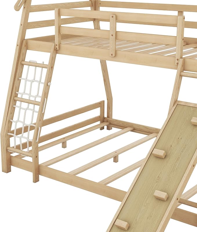 Twin Over Queen House Bunk Bed with Climbing Nets and Climbing Ramp for Kids Teens Boys Girls,Solid Wood Bunk Bed Frame with Safety Guardrails,Playful Design,Natural