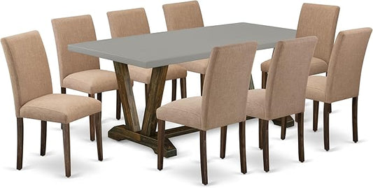 East West Furniture V797AB747-9 9 Piece Dining Table Set Includes a Rectangle Kitchen Table with V-Legs and 8 Light Sable Linen Fabric Upholstered Chairs, 40x72 Inch, Multi-Color