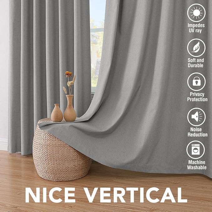 H.VERSAILTEX Linen Blackout Curtains 96 Inches Long, 100% Absolutely Blackout Thermal Insulated Textured Linen Look Curtain Draperies for Living Room with White Liner, 2 Panels, Dove Gray