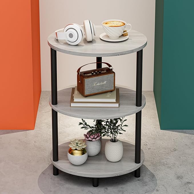 Small Round Side Table - 3-Tier Oval Accent Table for Small Spaces, Rustic Wood and Metal Couch End Table, Nightstand for Bedroom or End Table Living Room, Easy to Assemble, Greige