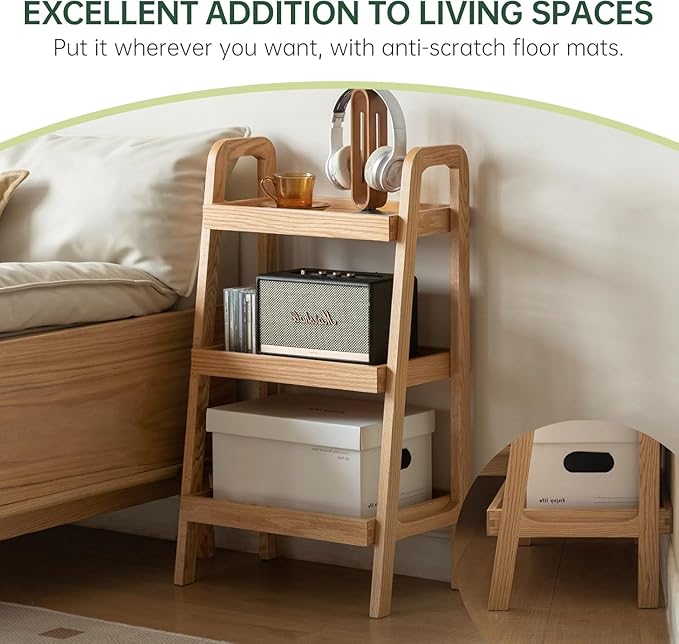 100% Solid Oak 3 Tier Ladder Shelf for Saving Space, Tall Nightstand with Stable Frame for Bedroom, Small Side Table for Living Room Office(Natural, 13.4" L x 25.6" W x 36.2" H)
