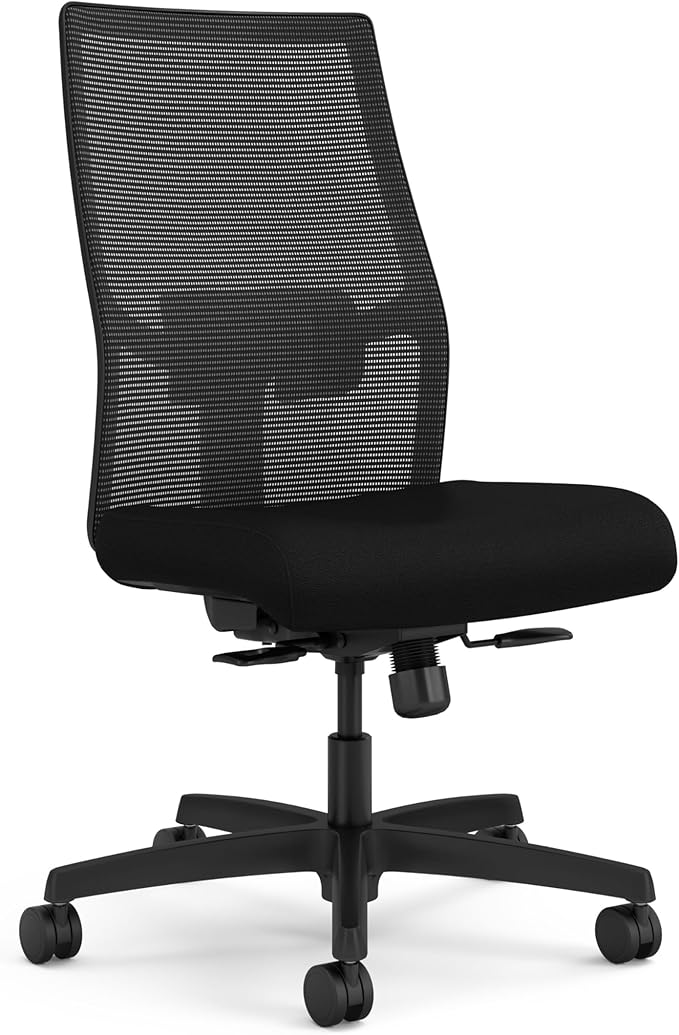 HON Ignition 2.0 Armless Ergonomic Office Chair, Adjustable Tilt, Swivel Wheels, Comfy for Long Hours, Home Office Desk Chairs, Black