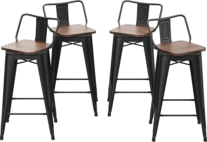 30 Inch Swivel Bar Stools Set of 4 with Backs Counter Height Industrial Metal Barstools Island Bar Chairs for Home Kitchen Dining Room (Swivel 30 inch,Matte Black Wooden)