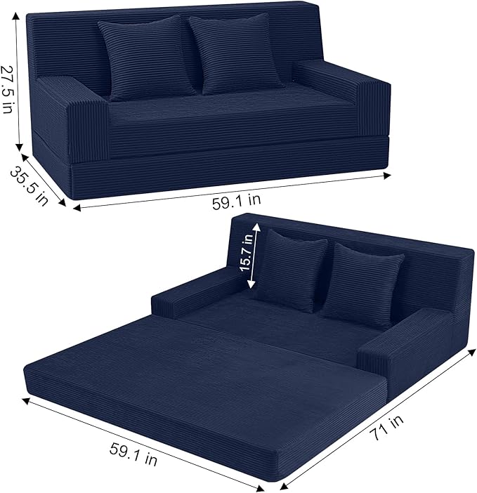 MeMoreCool Boneless Folding Sofa Bed Queen, Corduroy Convertible Sleeper Chair, Foldable Foam Mattress Chair, Comfy Fold‑Out Futon Couch Bed, Large Floor Sofa Couch for Living Room Guest