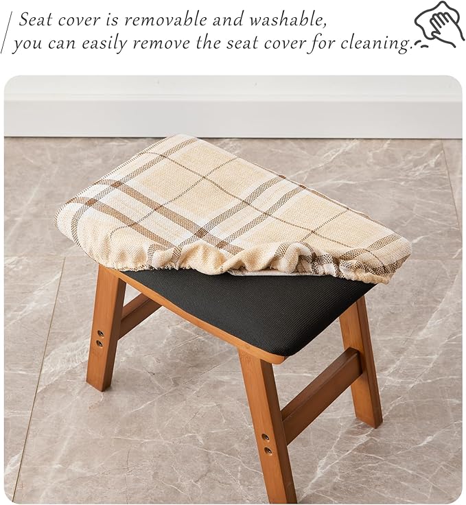 Foot Stool,Ottoman,Bamboo Small Sofa Foot Rest Under Desk,Extra Seating for Living Room, Bedroom and Kitchen (Brown Stool Legs - Stripes Surface)