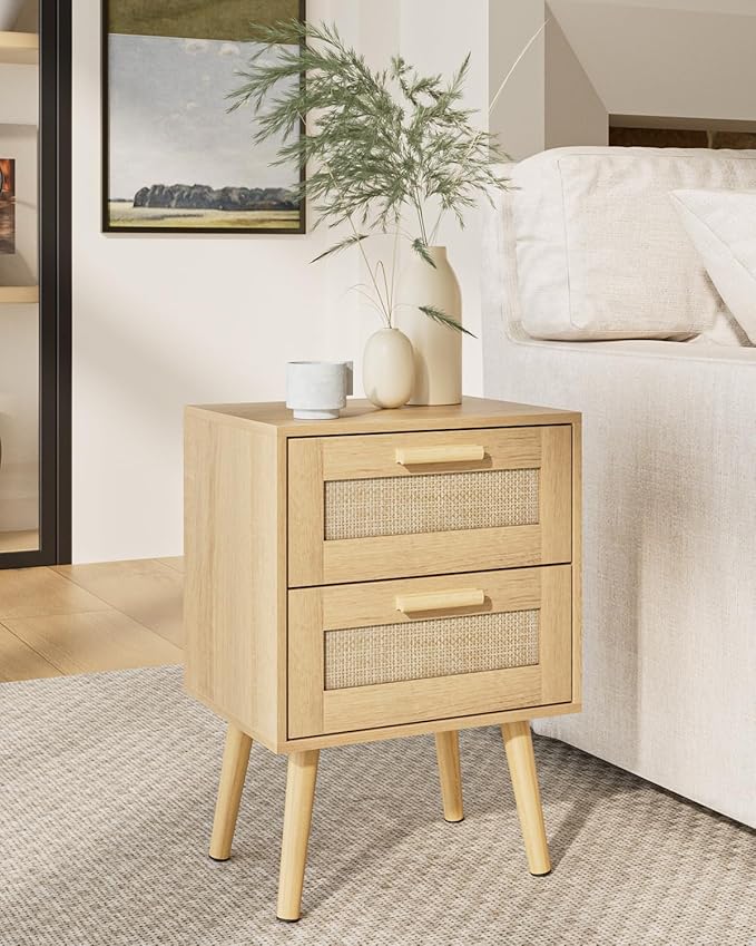 Masupu Rattan Night Stand,Modern nightstand Boho Bedside Table with 2 Drawer,Small End Side Table for Bedroom,Living Room,Office,Natural