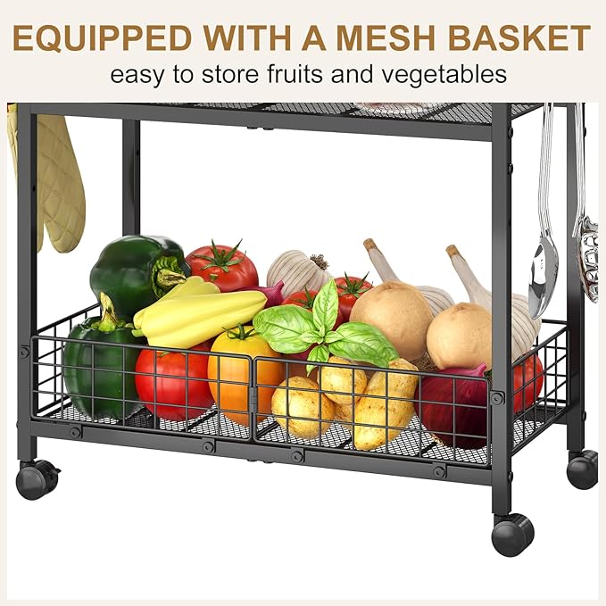 Rolling Kitchen Microwave Stand, 3-Tier Microwave Cart Table with Wood Top and Wire Basket, Coffee Bar Table on Lockable Wheels, Small Baker’s Rack Shelf Organizer for Kitchen, Dining Room, Office