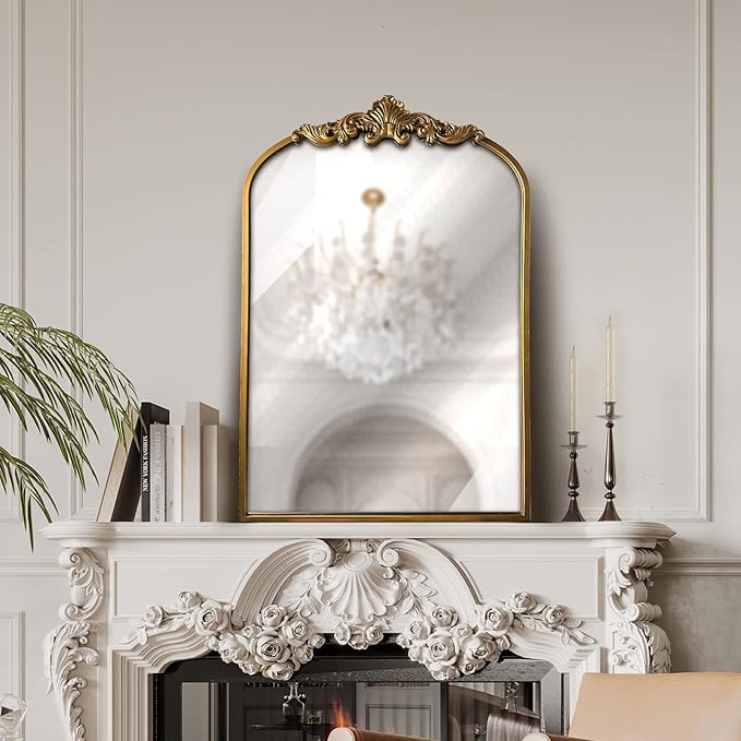 WAMIRRO Arched Gold Mirror,Gold Traditional Vintage Ornate Baroque Mirror,Antique Brass Mirrors,Wall Mounted Mirrors for Entryway/Fireplace/Living Room/Hallway/Bathroom.36“X24”Gold