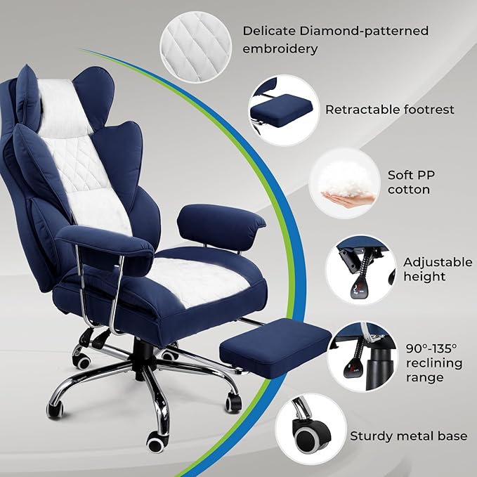 GTRACING Gaming Chair,Office Chair with Pocket Spring Lumbar Support, Ergonomic Comfortable Wide Office Desk Computer Chair with Outward Fixed Soft Armrests and Footrest (Fabric, Dark Blue & White)
