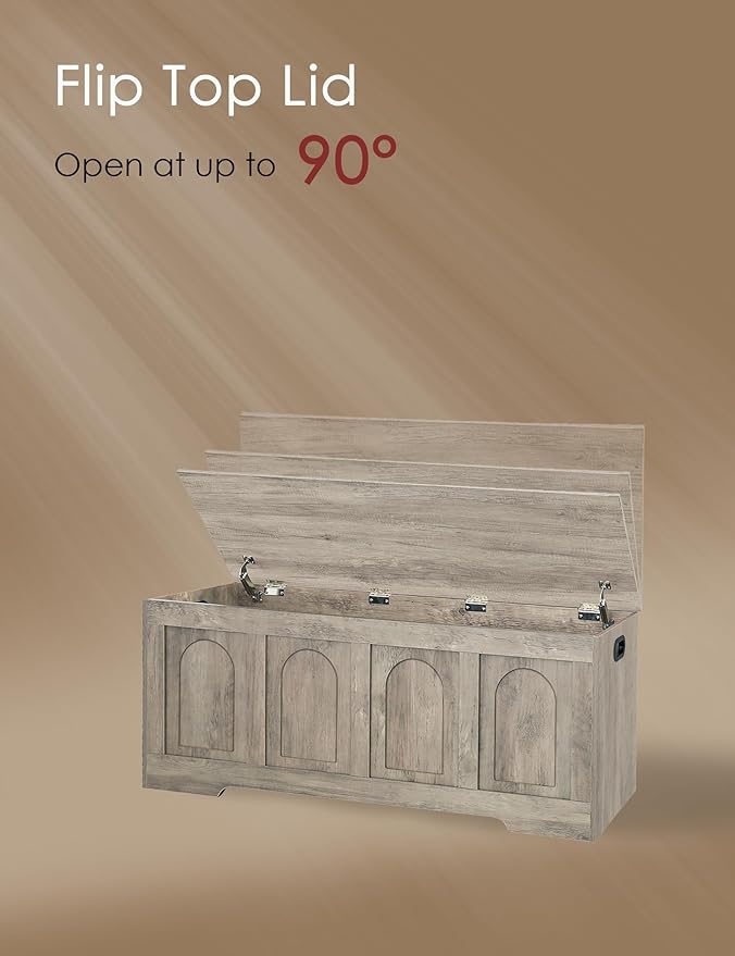DINZI LVJ Storage Chest, 47.2”Wooden Storage Box with 2 Safety Hinges, Entryway Shoe Bench with Flip-Top, Large Trunk for Living Room, Bedroom, Easy Assembly, Gray Wash