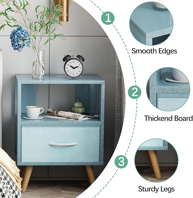 Night Stand, Blue Kids Nightstand with Drawer, Nursery Side Table with Open Storage, 2-Tier Modern End Table, Bedside Table for Small Space, Living Room, Bedroom