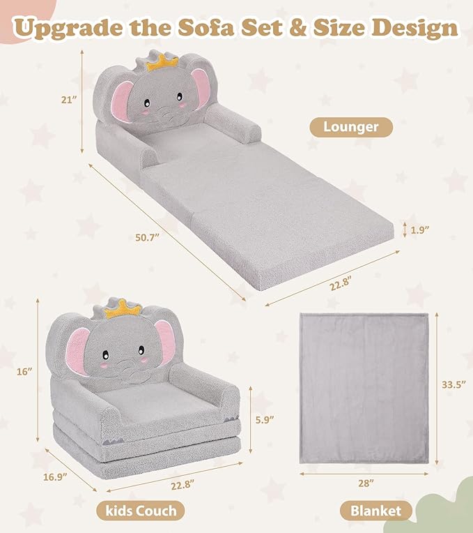 Kids Couch, 2-in-1 Soft Toddler Couch Fold Out with Blanket, Chair Comfy, Foldable Convertible Plush Sofa to Lounger, Gifts for Kids Girl Boys, Elephant