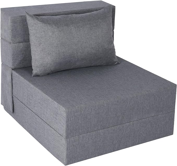Folding Sofa Bed, Convertible Futon Sofa Bed with Pillow, Foldable Sleeper Chair with Washable Cover, Fold Out Couch for Guest Room, Living Room, Dorm, Single Size, Light Grey